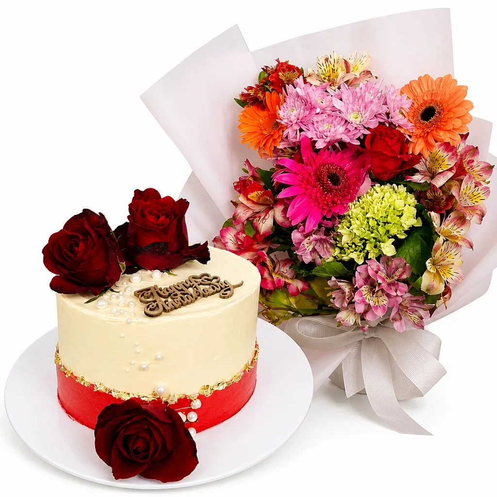 Anniversary Cake & Mixed Bouquet