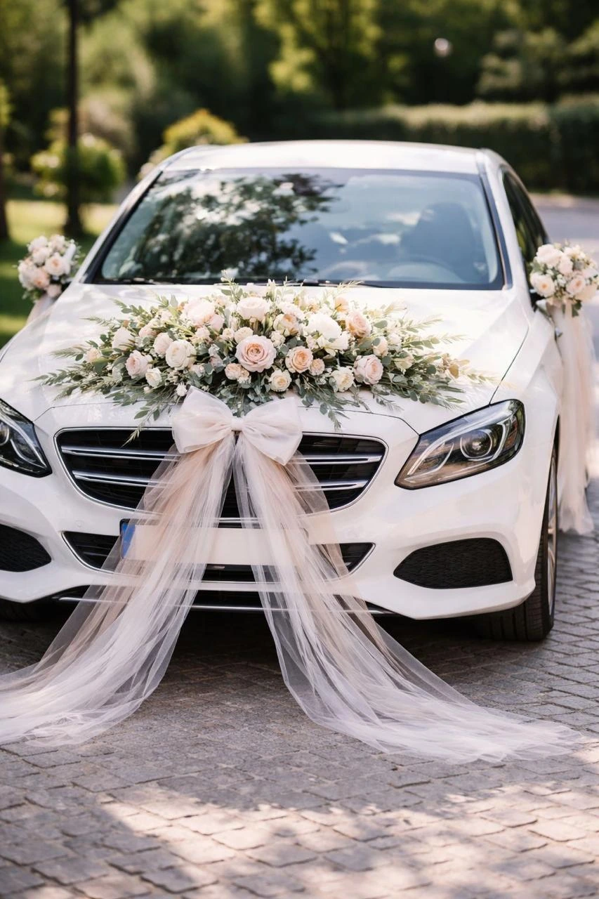 Portrait view of a flower-decorated wedding car